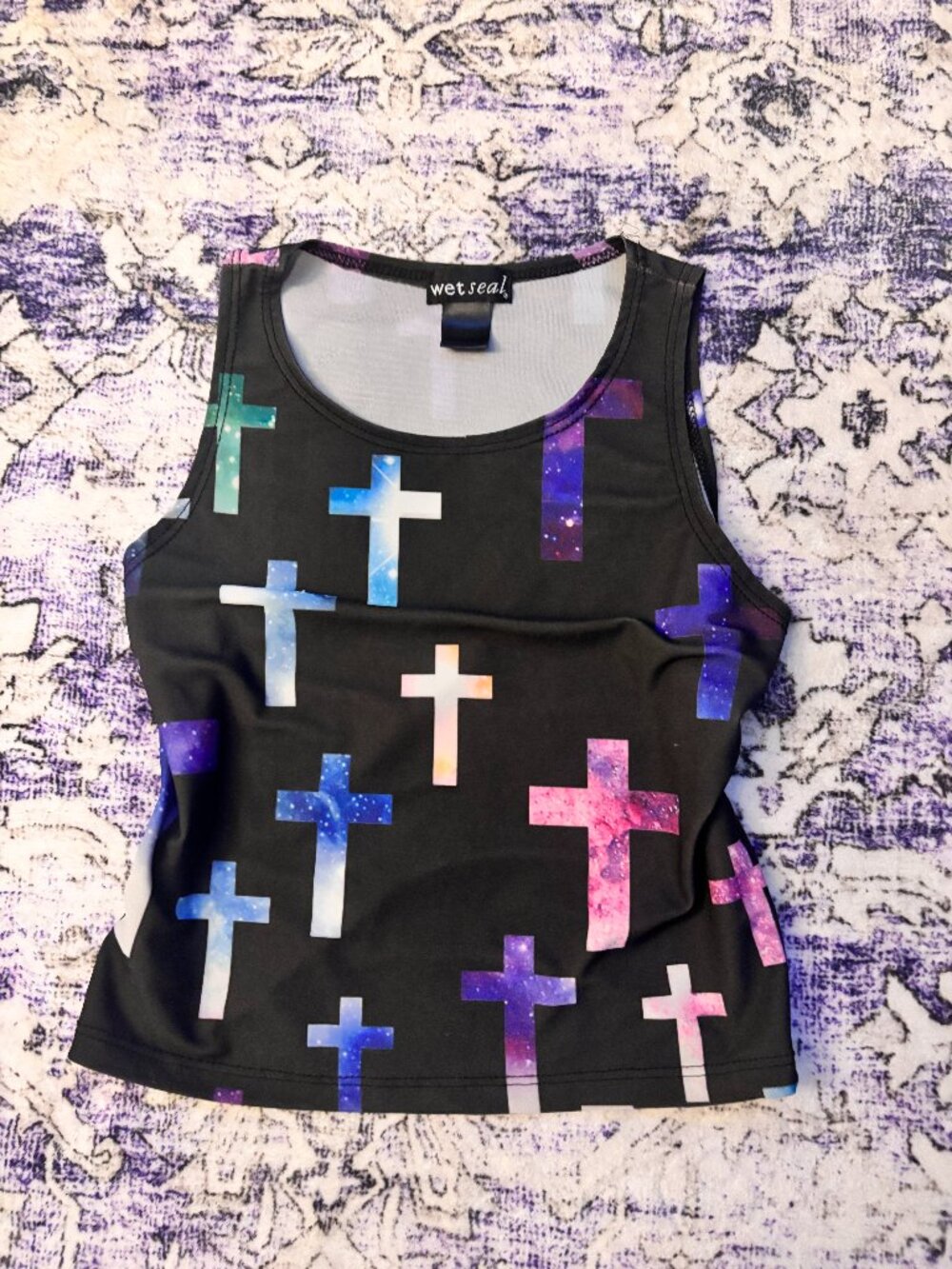 Vtg 2010's Wet Seal black tank crop top with galaxy print crosses ~ size XS